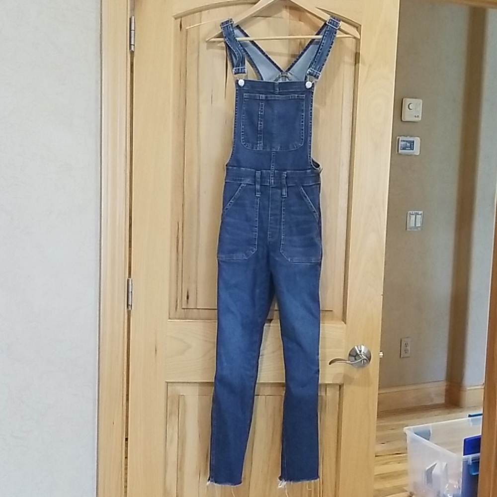 Madewell skinny overalls, dark blue, frayed hems